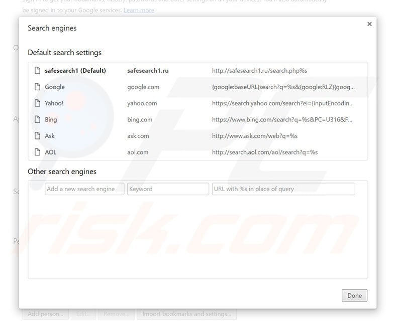 Removing safesearch1.ru from Google Chrome default search engine