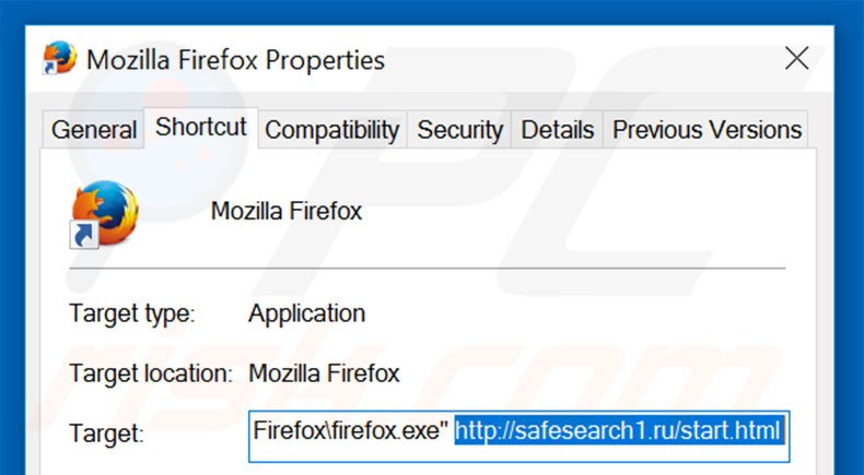 Removing safesearch1.ru from Mozilla Firefox shortcut target step 2
