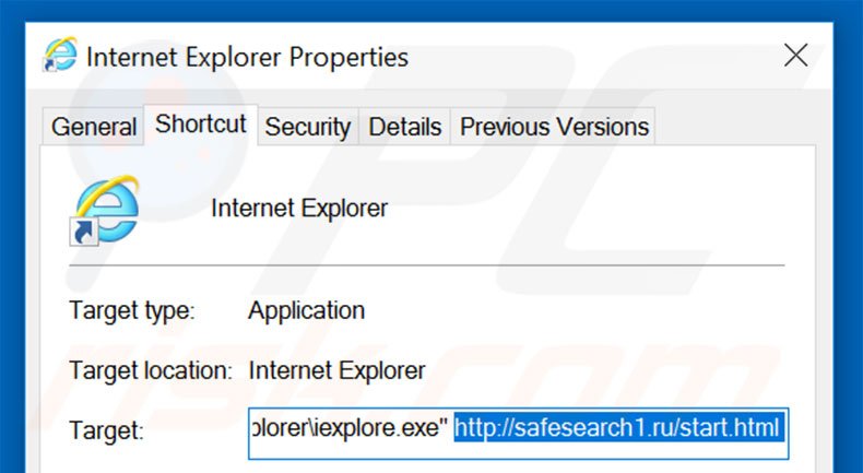 Removing safesearch1.ru from Internet Explorer shortcut target step 2