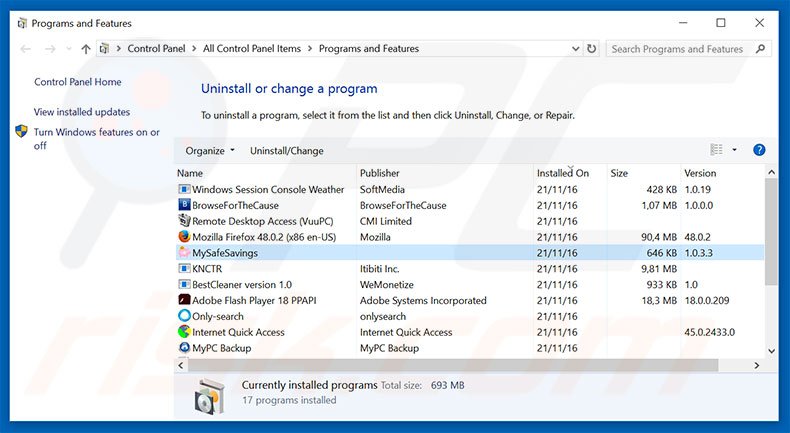 SavingsCool adware uninstall via Control Panel