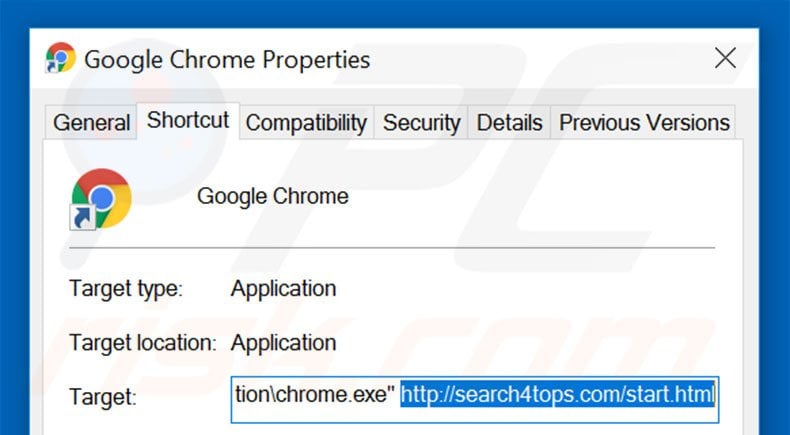 Removing search4tops.com from Google Chrome shortcut target step 2