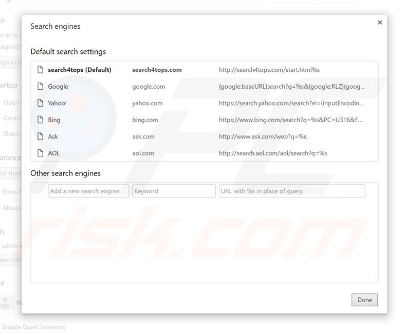Removing search4tops.com from Google Chrome default search engine