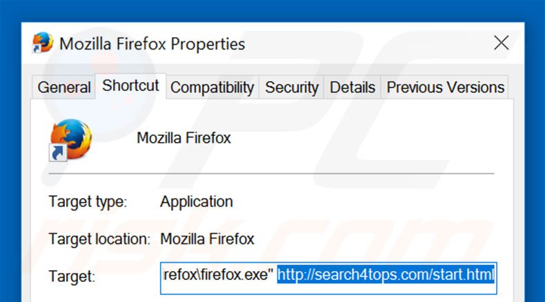 Removing search4tops.com from Mozilla Firefox shortcut target step 2
