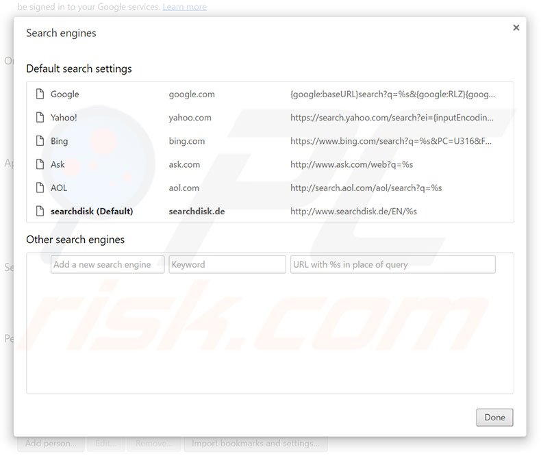 Removing searchdisk.de from Google Chrome default search engine