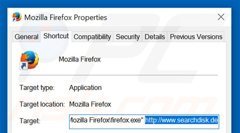 Removing searchdisk.de from Mozilla Firefox shortcut target step 2