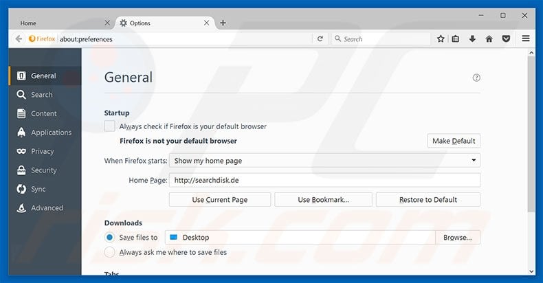 Removing searchdisk.de from Mozilla Firefox homepage