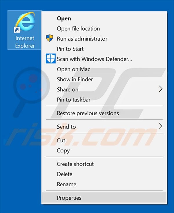 Removing searchemyn.com from Internet Explorer shortcut target step 1