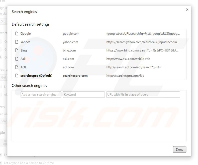 Removing searchespro.com from Google Chrome default search engine