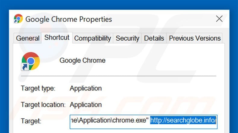 Removing searchglobe.info from Google Chrome shortcut target step 2