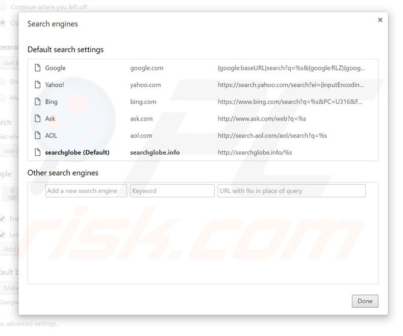 Removing searchglobe.info from Google Chrome default search engine