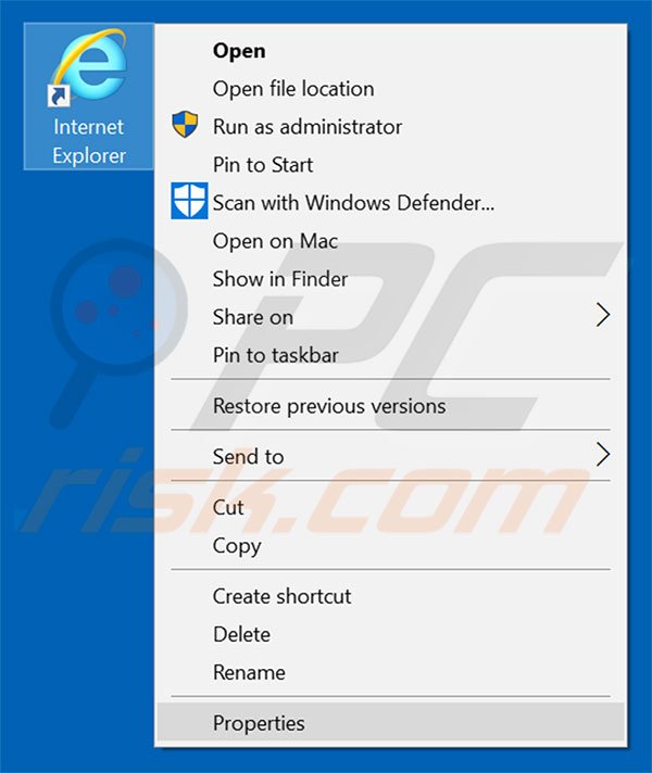 Removing searchglobe.info from Internet Explorer shortcut target step 1