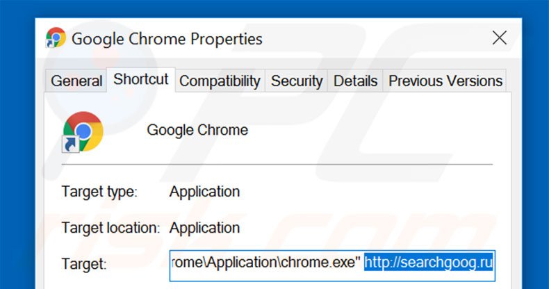 Removing searchgoog.ru from Google Chrome shortcut target step 2