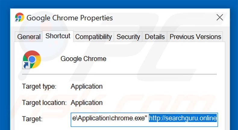Removing searchguru.online from Google Chrome shortcut target step 2
