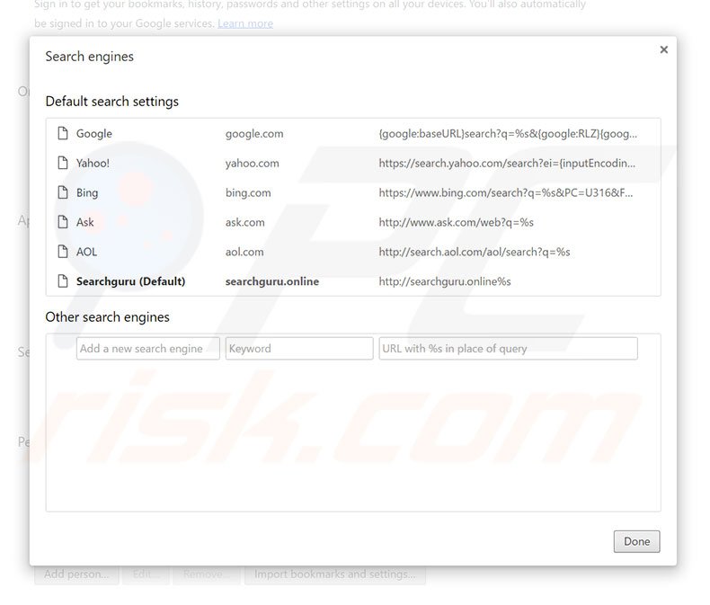 Removing searchguru.online from Google Chrome default search engine