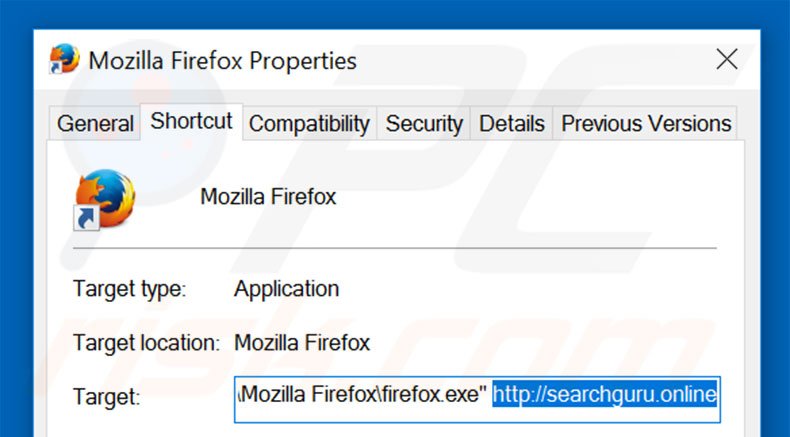 Removing searchguru.online from Mozilla Firefox shortcut target step 2