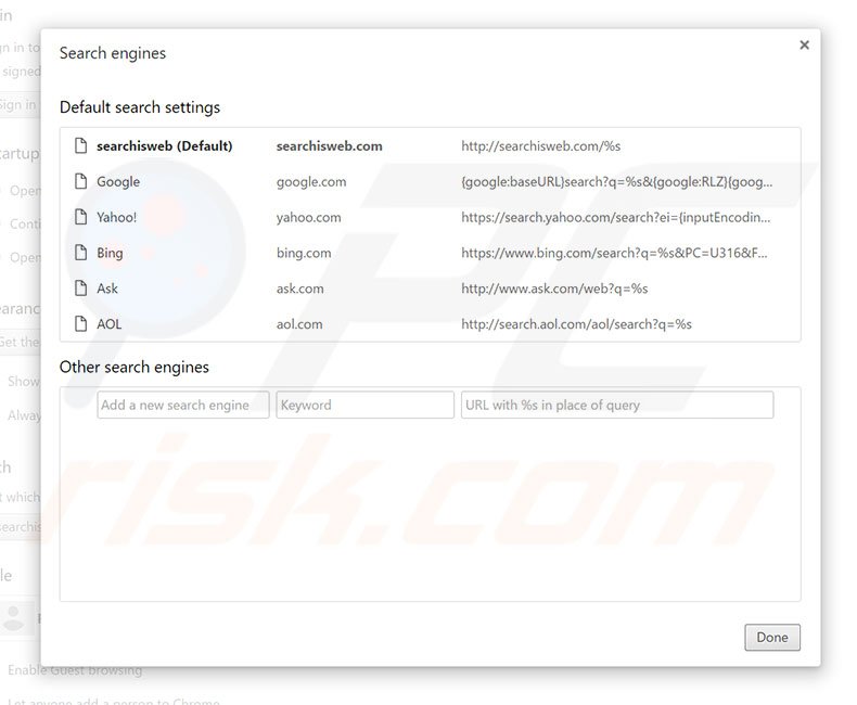 Removing searchisweb.com from Google Chrome default search engine