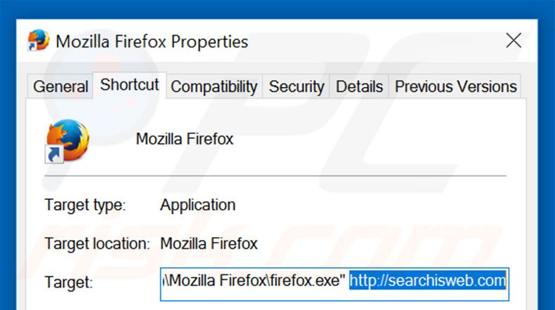 Removing searchisweb.com from Mozilla Firefox shortcut target step 2