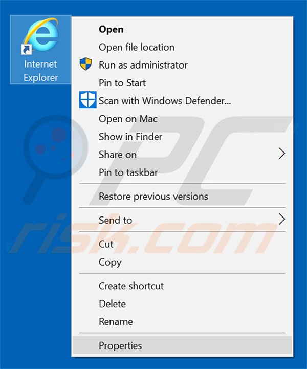 Removing searchisweb.com from Internet Explorer shortcut target step 1