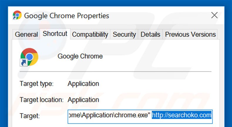Removing searchoko.com from Google Chrome shortcut target step 2