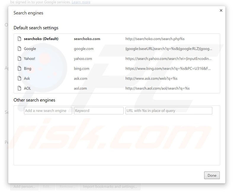 Removing searchoko.com from Google Chrome default search engine