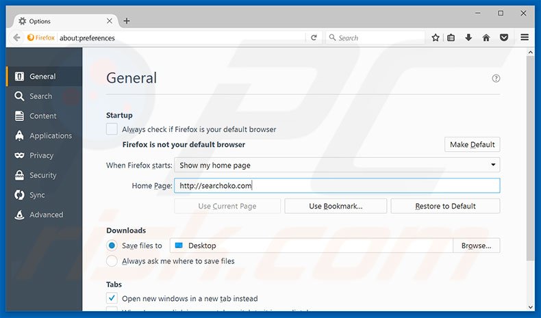 Removing searchoko.com from Mozilla Firefox homepage
