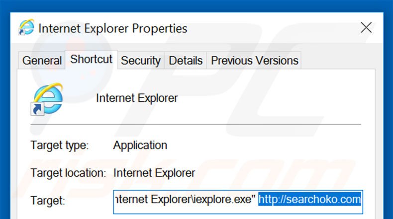 Removing searchoko.com from Internet Explorer shortcut target step 2