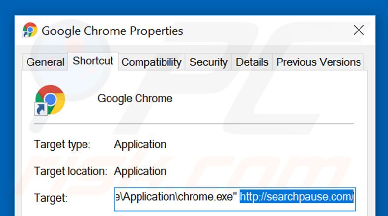 Removing searchpause.com from Google Chrome shortcut target step 2