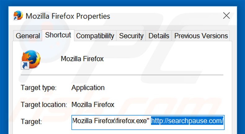 Removing searchpause.com from Mozilla Firefox shortcut target step 2
