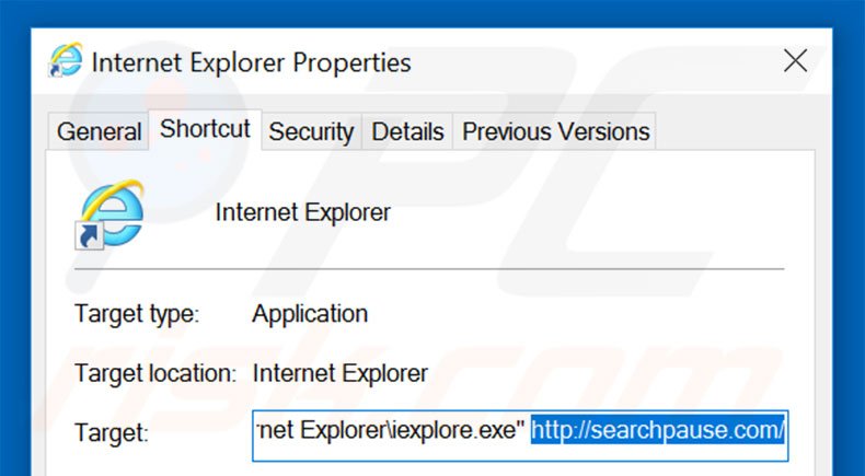 Removing searchpause.com from Internet Explorer shortcut target step 2