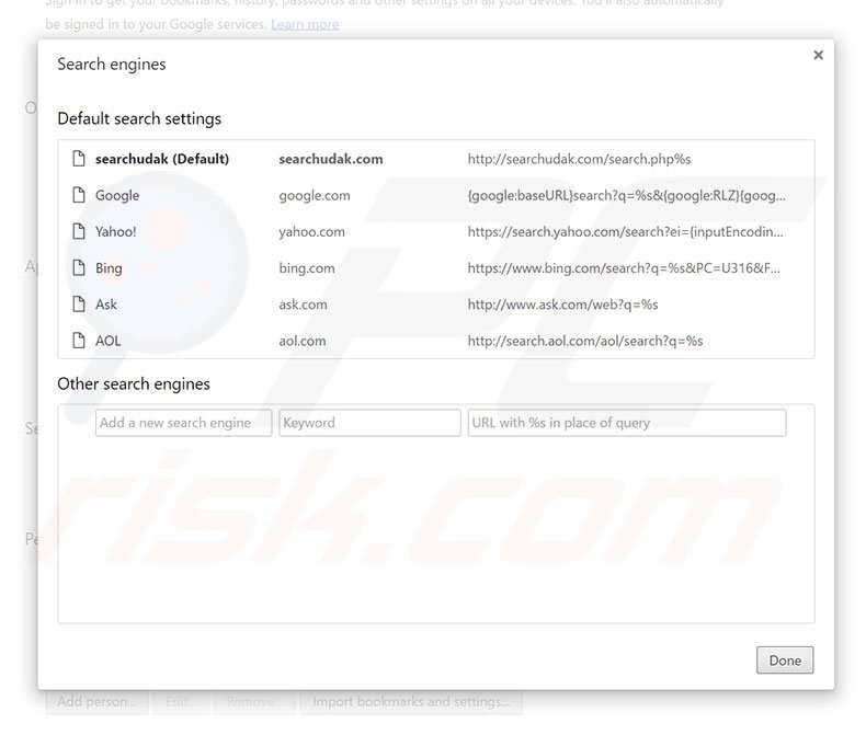 Removing searchudak.com from Google Chrome default search engine
