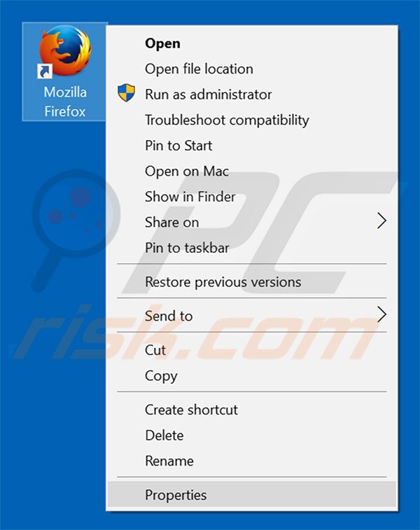 Removing searchudak.com from Mozilla Firefox shortcut target step 1