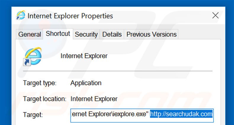 Removing searchudak.com from Internet Explorer shortcut target step 2