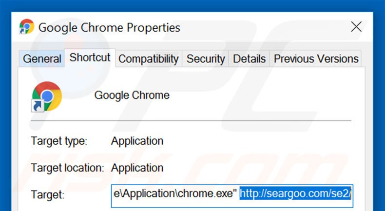 Removing seargoo.com from Google Chrome shortcut target step 2