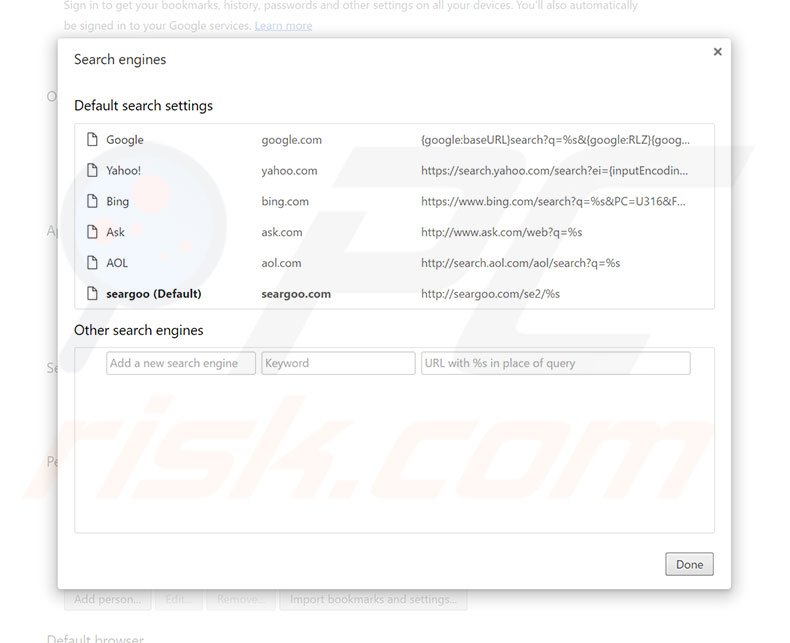 Removing seargoo.com from Google Chrome default search engine