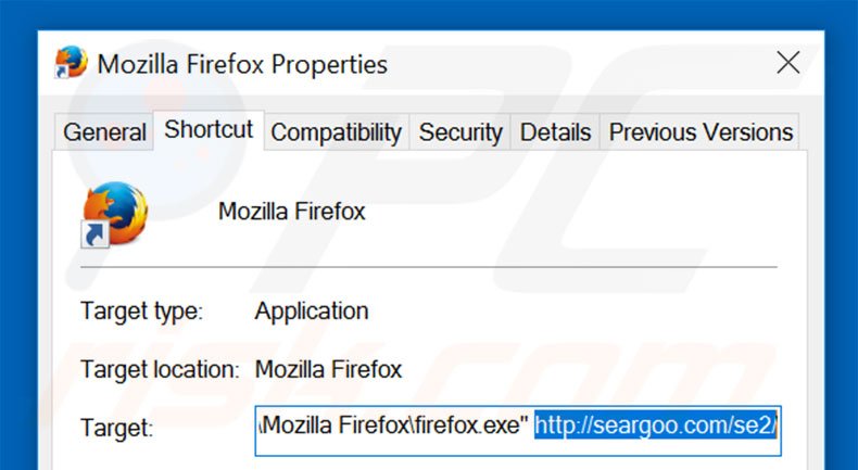 Removing seargoo.com from Mozilla Firefox shortcut target step 2