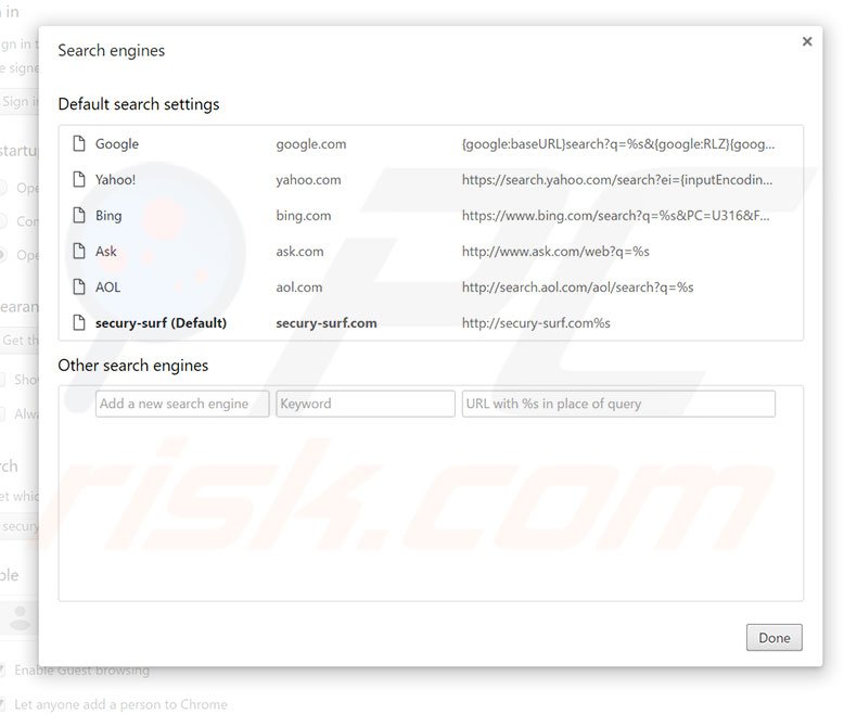 Removing secury-surf.com from Google Chrome default search engine