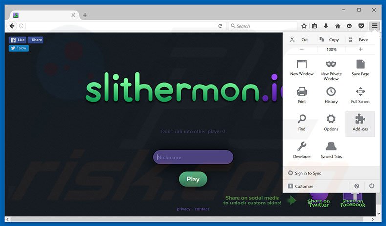 Removing Slithermon ads from Mozilla Firefox step 1