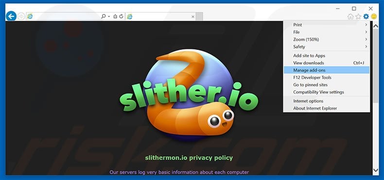 Removing Slithermon ads from Internet Explorer step 1