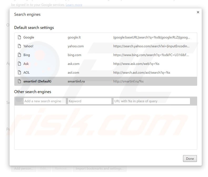 Removing smartinf.ru from Google Chrome default search engine