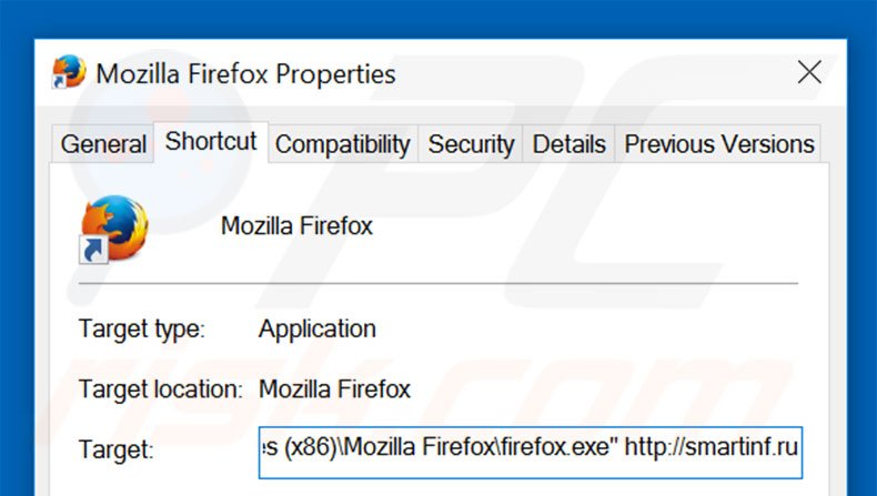 Removing smartinf.ru from Mozilla Firefox shortcut target step 2