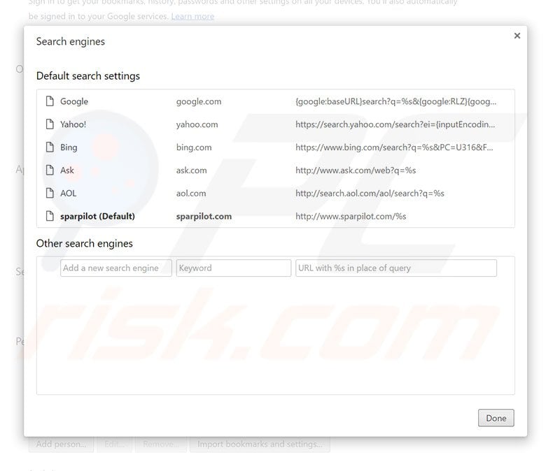 Removing sparpilot.com from Google Chrome default search engine