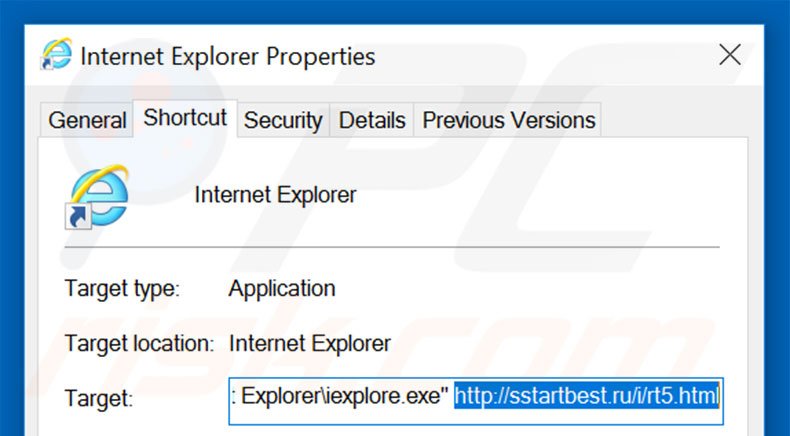 Removing sstartbest.ru from Internet Explorer shortcut target step 2