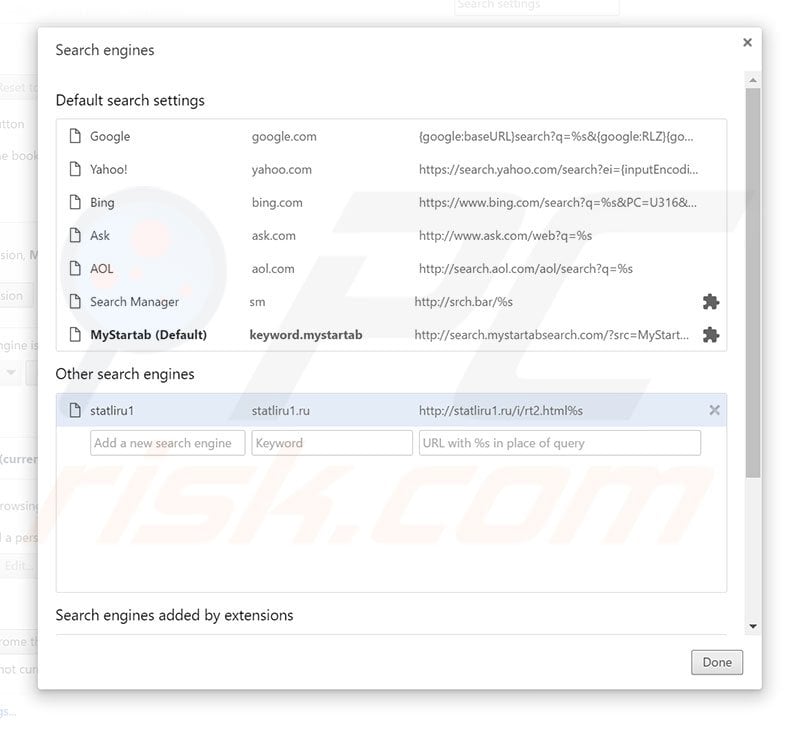 Removing statliru1.ru from Google Chrome default search engine