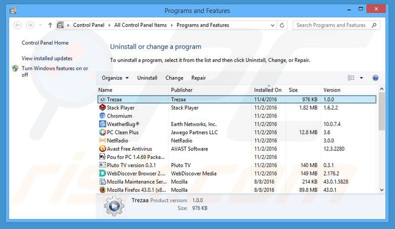 trezaa adware uninstall via Control Panel