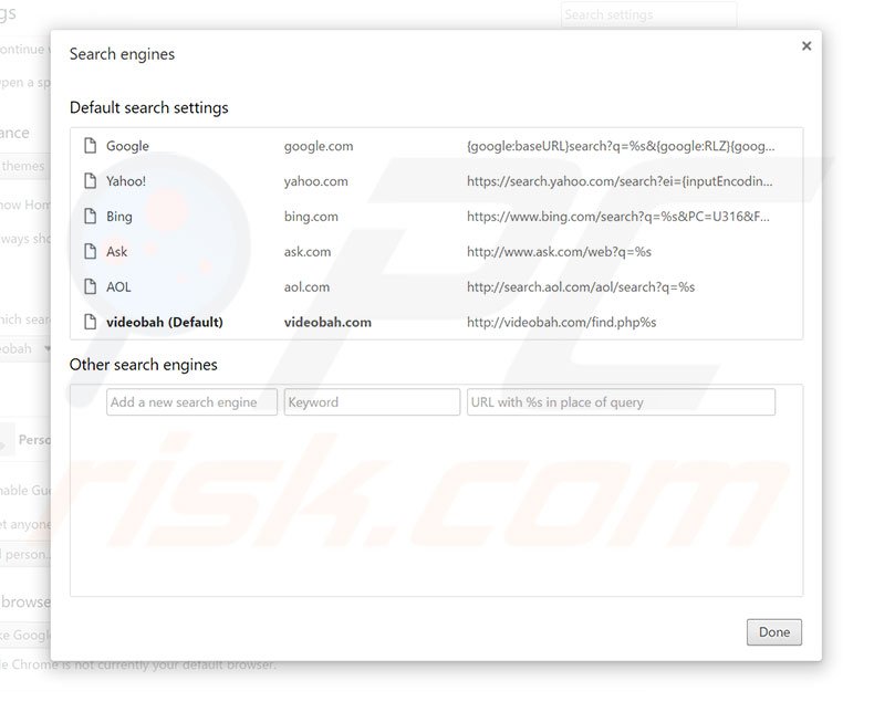 Removing videobah.com from Google Chrome default search engine