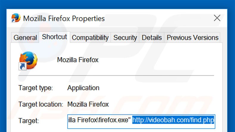 Removing videobah.com from Mozilla Firefox shortcut target step 2
