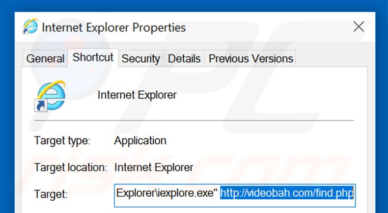 Removing videobah.com from Internet Explorer shortcut target step 2