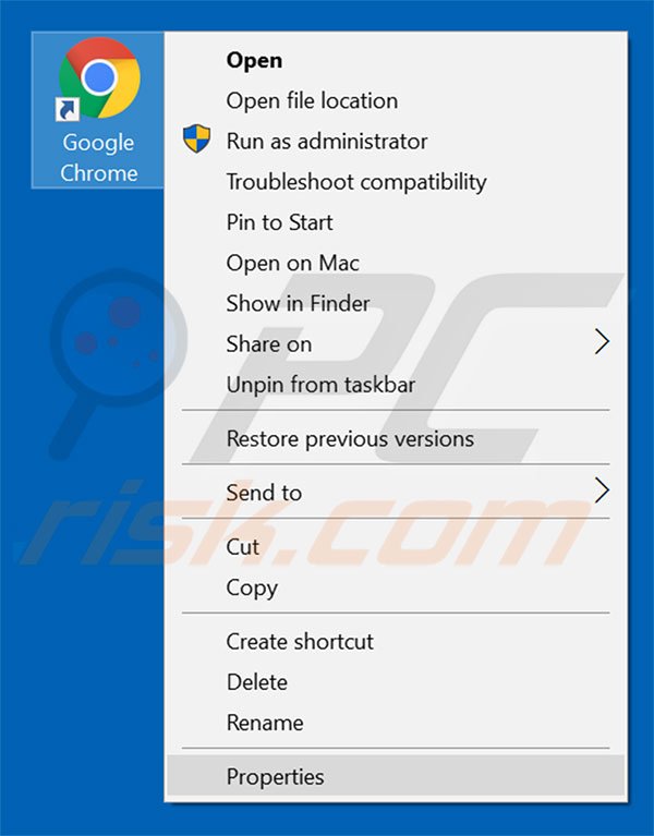 Removing webbooks.site from Google Chrome shortcut target step 1