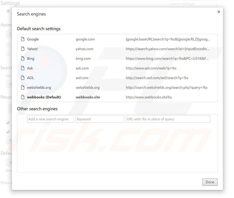 Removing webbooks.site from Google Chrome default search engine