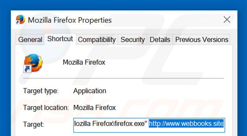 Removing webbooks.site from Mozilla Firefox shortcut target step 2